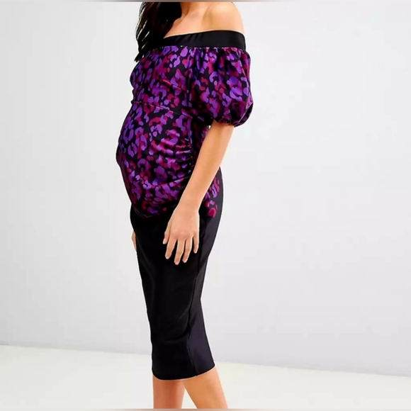 Bardot Black & Purple Puff Sleeve Off-shoulder Maternity Midi Dress